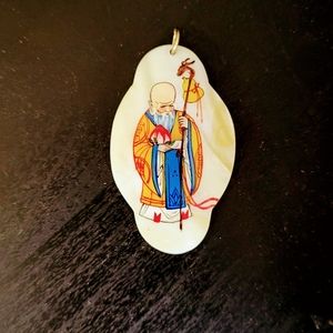 Antique Vtg Shou Xing Pendant made of MoP Lucite w Gold link. No chain, 2in tall